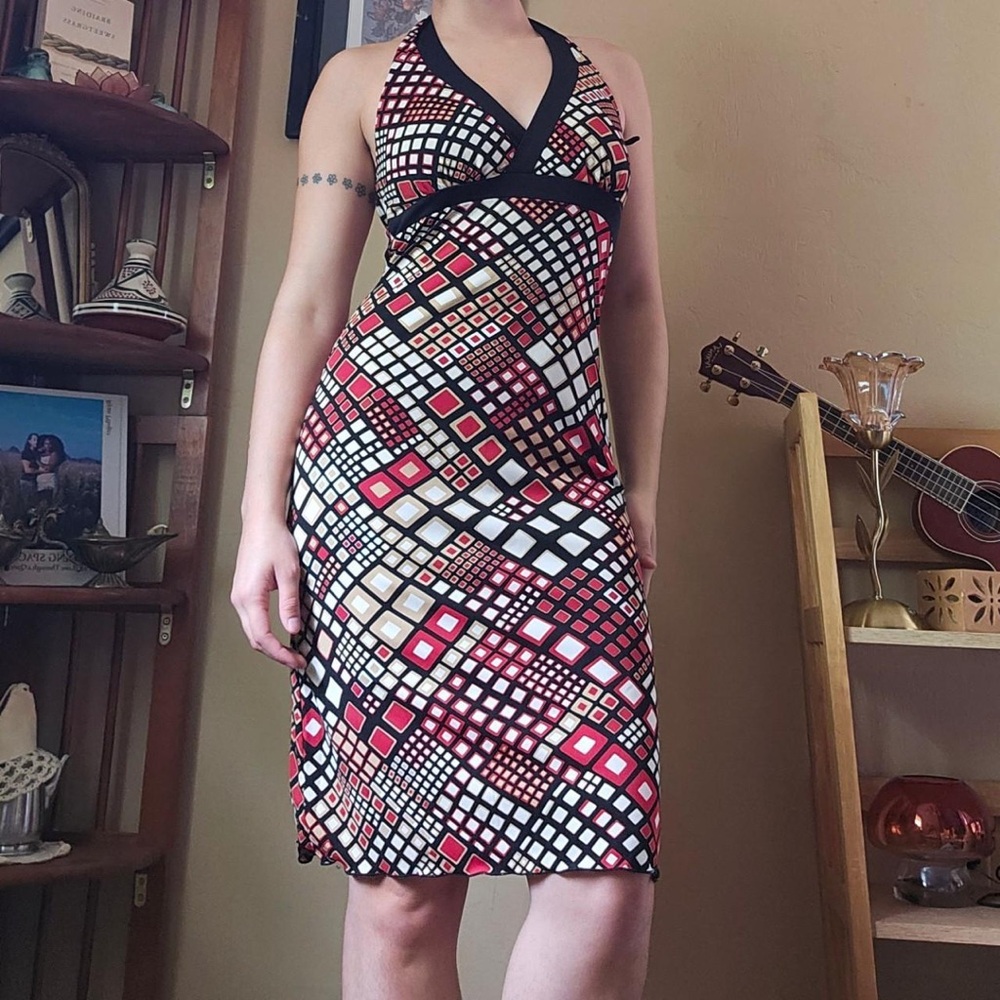 American Vintage Geometric Halter Midi Dress in Black, Pink & Cream
